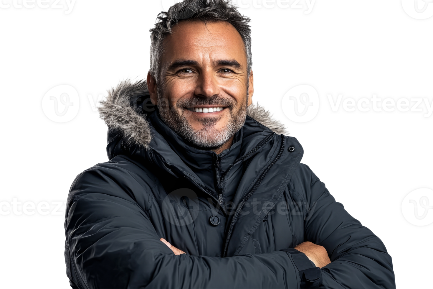 Man in winter jacket smiling, confident pose, cut out transparent png