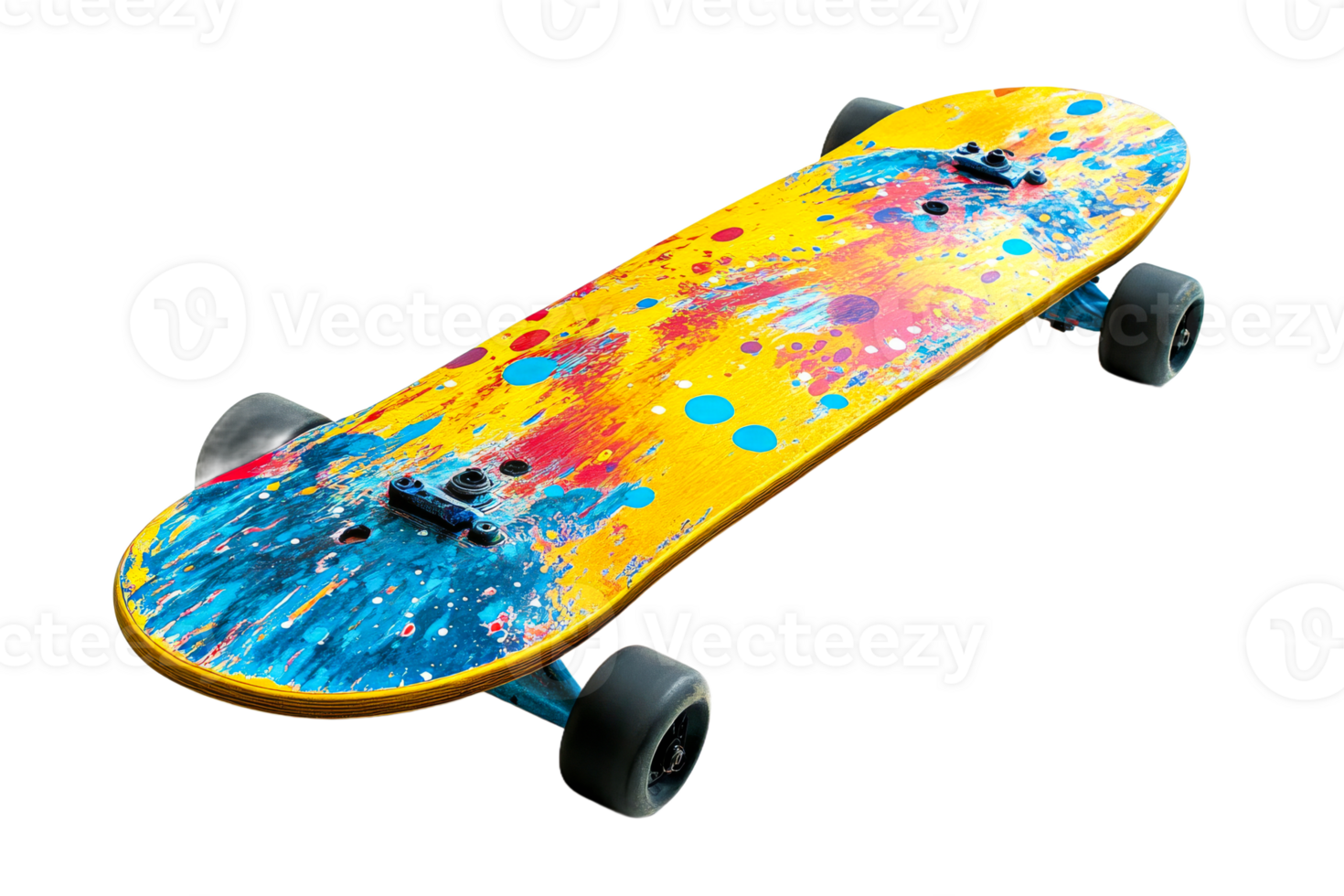 Skateboard with colorful splatter paint, cut out transparent png