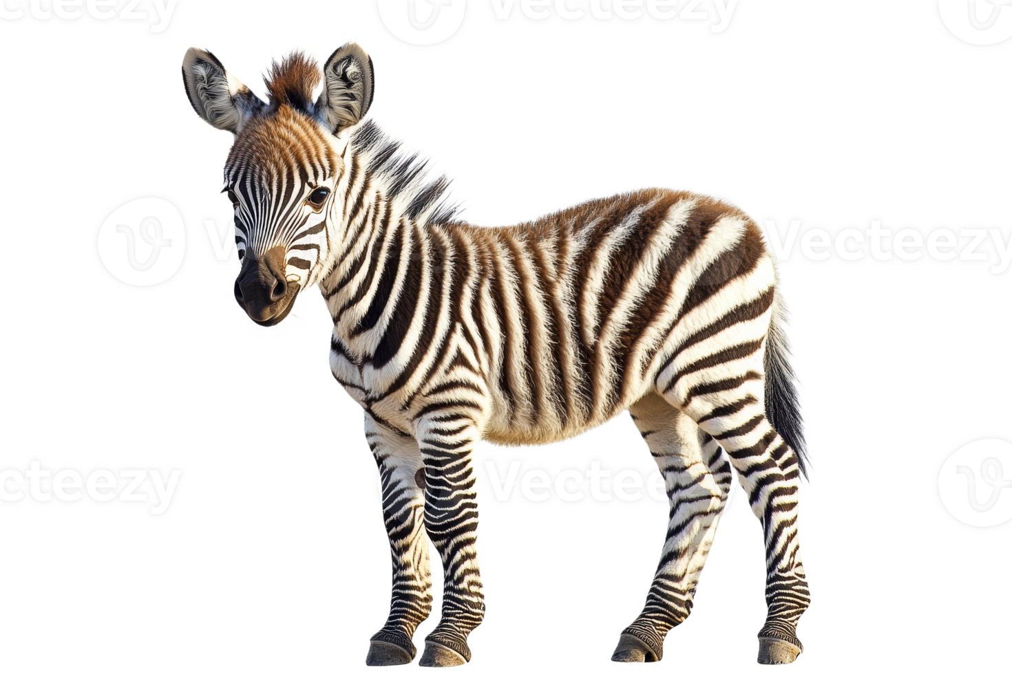 Young zebra standing, portrait of a striped animal , cut out transparent png