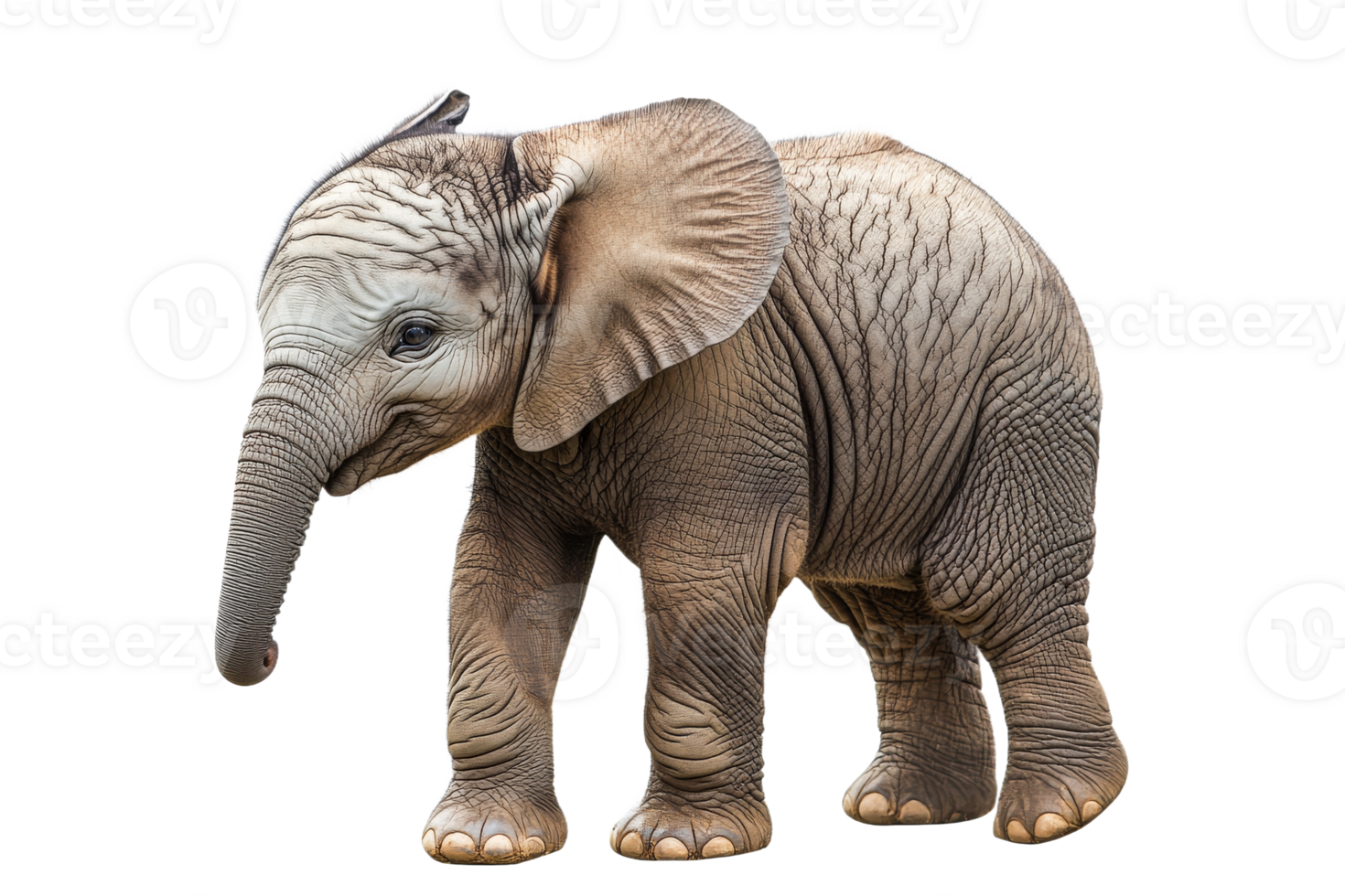 Adorable baby elephant with trunk hanging, cut out transparent png