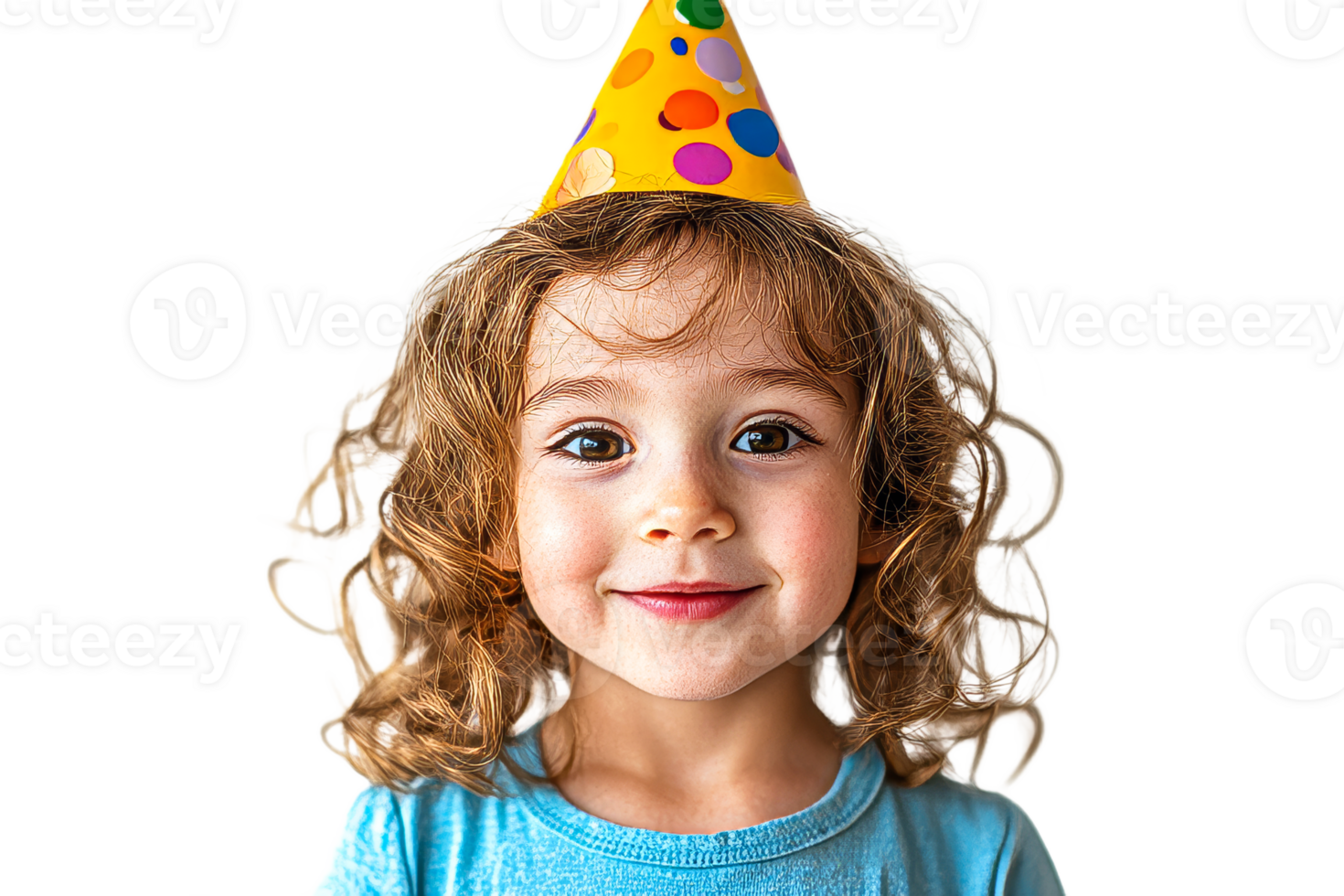 Young girl with party hat smiles happily at camera, cut out transparent png