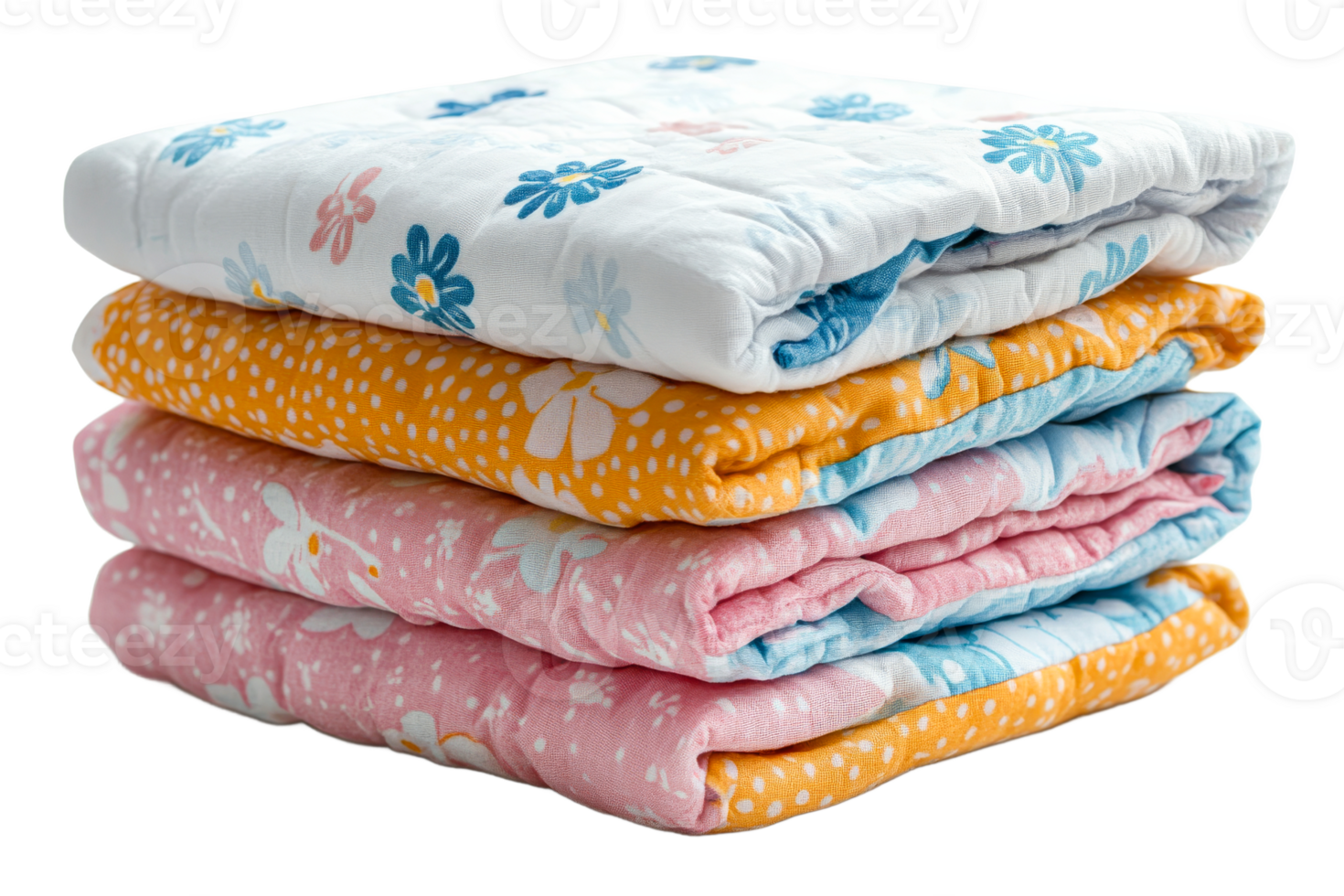 Stack of Four Pastel Floral Blankets, Cozy Textiles, cut out transparent png