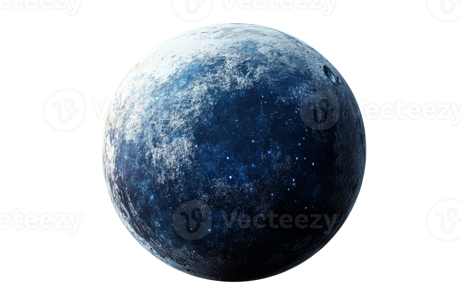 Blue planet with crater and stars in space, cut out transparent png