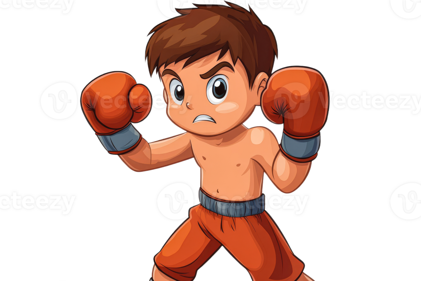 Cartoon kid in boxer stance with orange gloves, confident, cut out transparent png