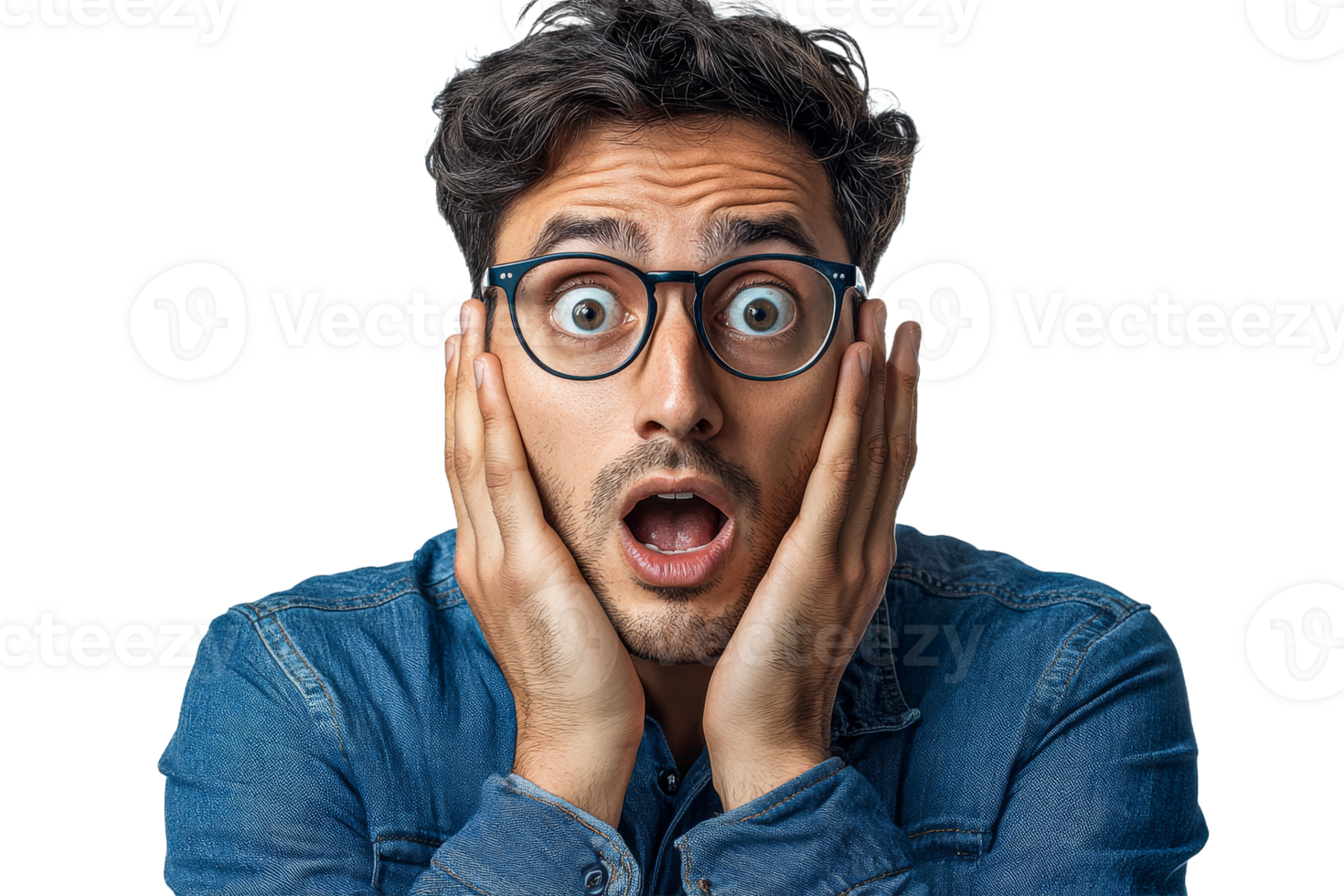 Surprised man face expression, hands on face, open mouth, cut out transparent png