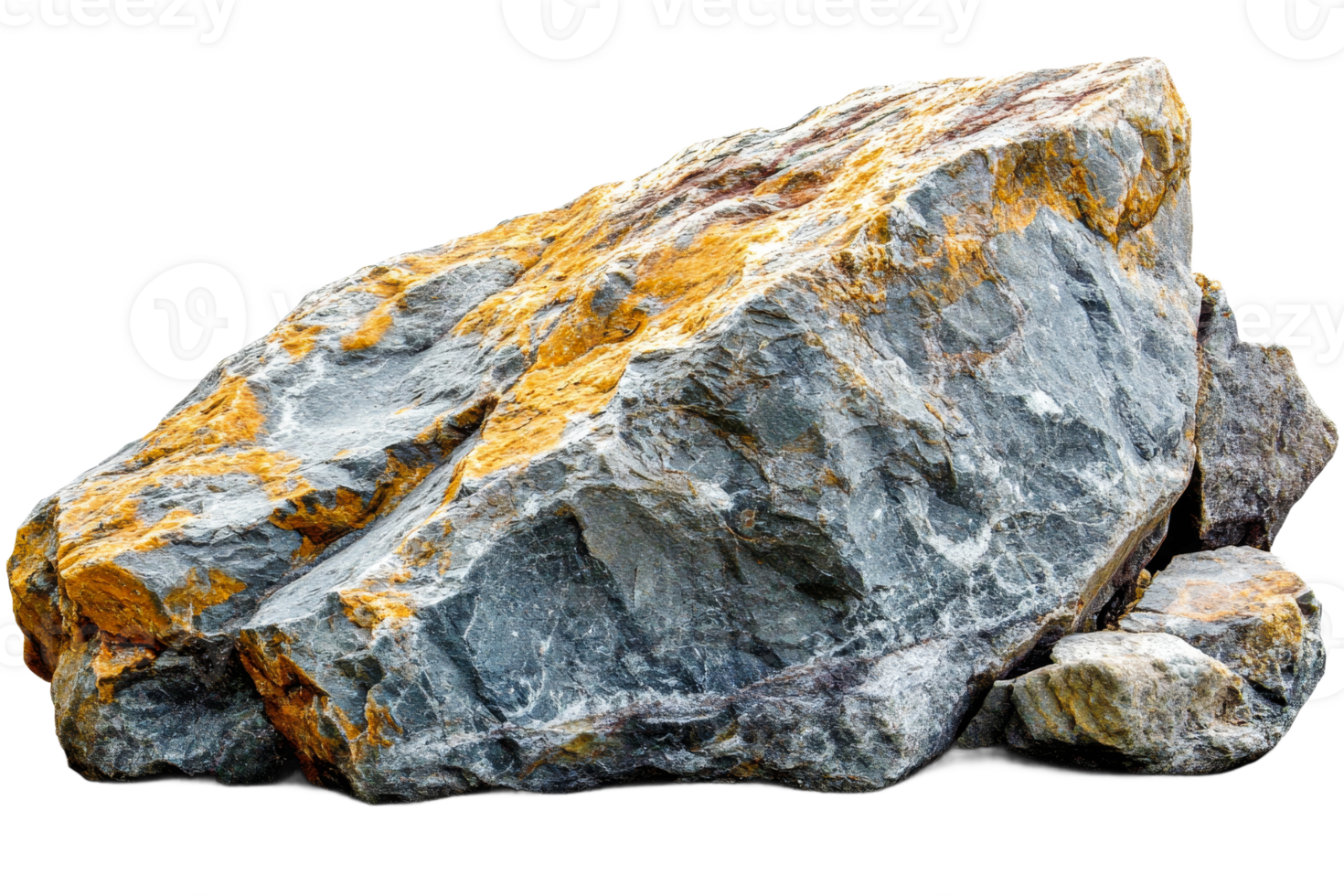 Stone boulder with yellow inclusions on a black backdrop, cut out transparent png