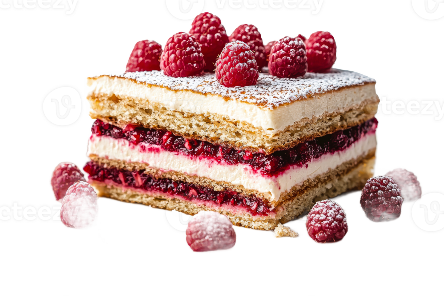 Raspberry cake slice with cream and berry filling, cut out transparent png