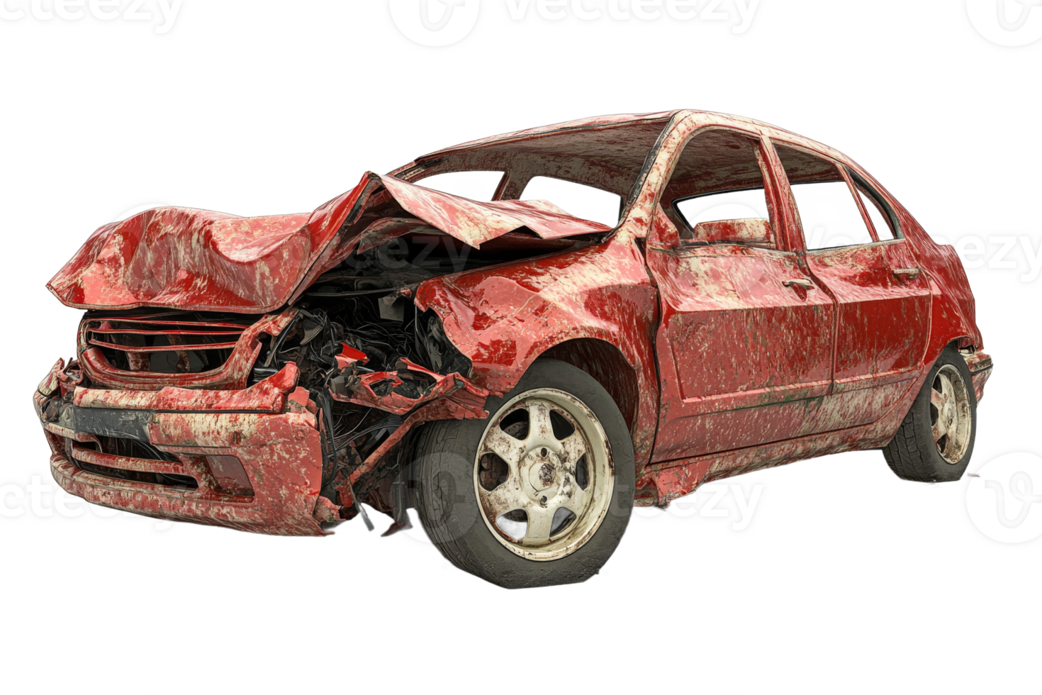 A weathered red car wrecked in accident or crash with front damage, cut out transparent png