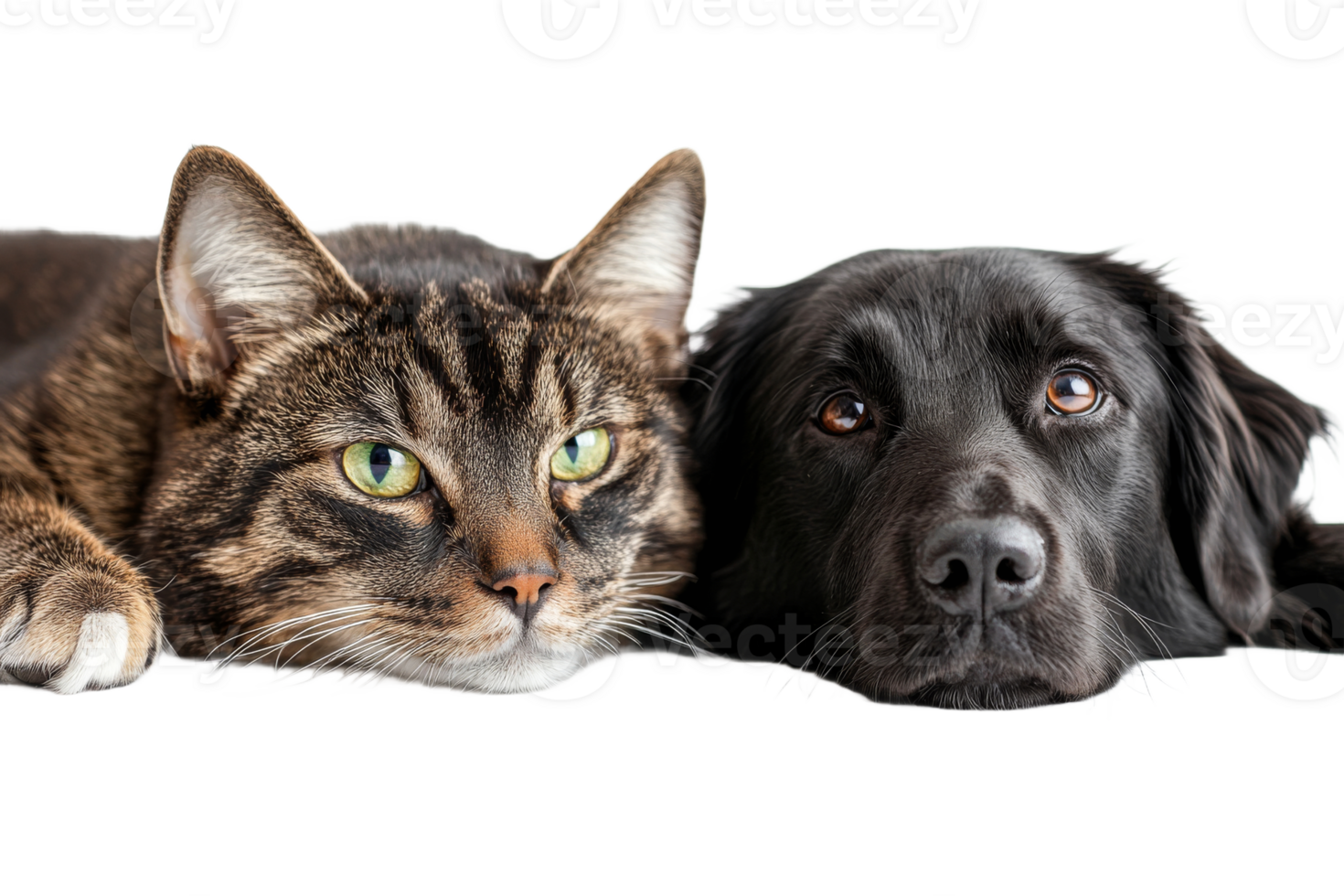 Portrait of a tabby cat and black dog together, cut out transparent png