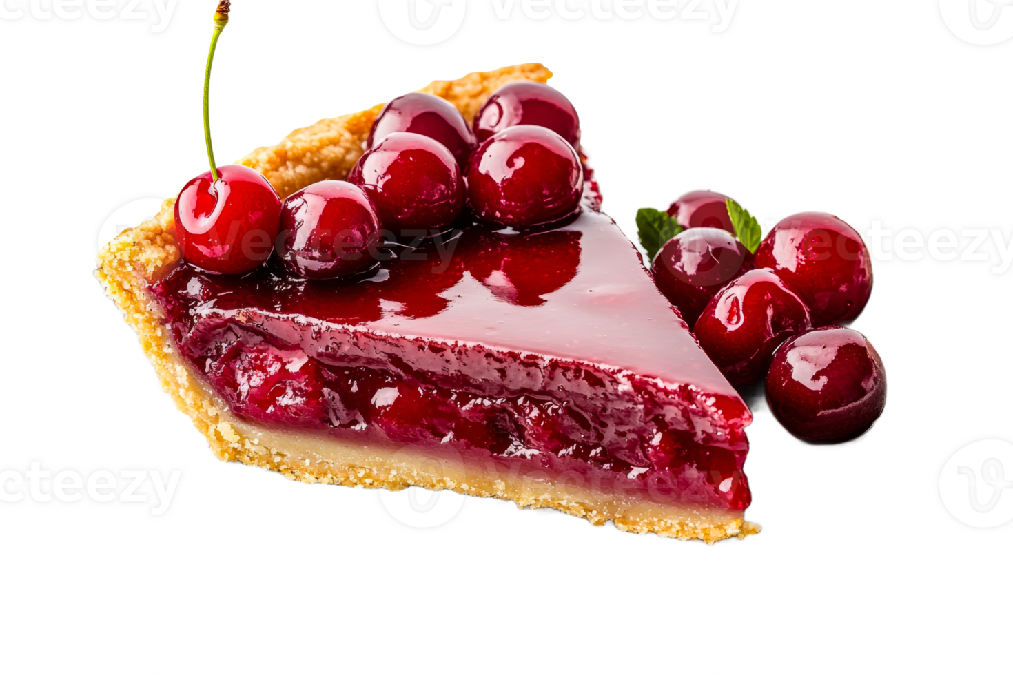 Cherry pie slice with cherries and glaze, cutout transparent png