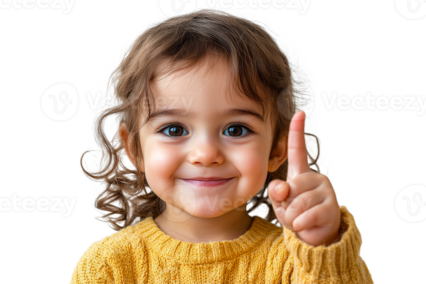 Happy girl showing number one gesture, cut out transparent png