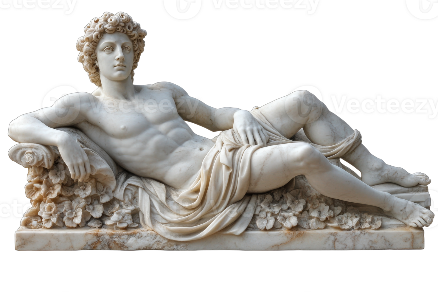 Statue of a reclining male figure, draped in cloth, in marble, cut out transparent png
