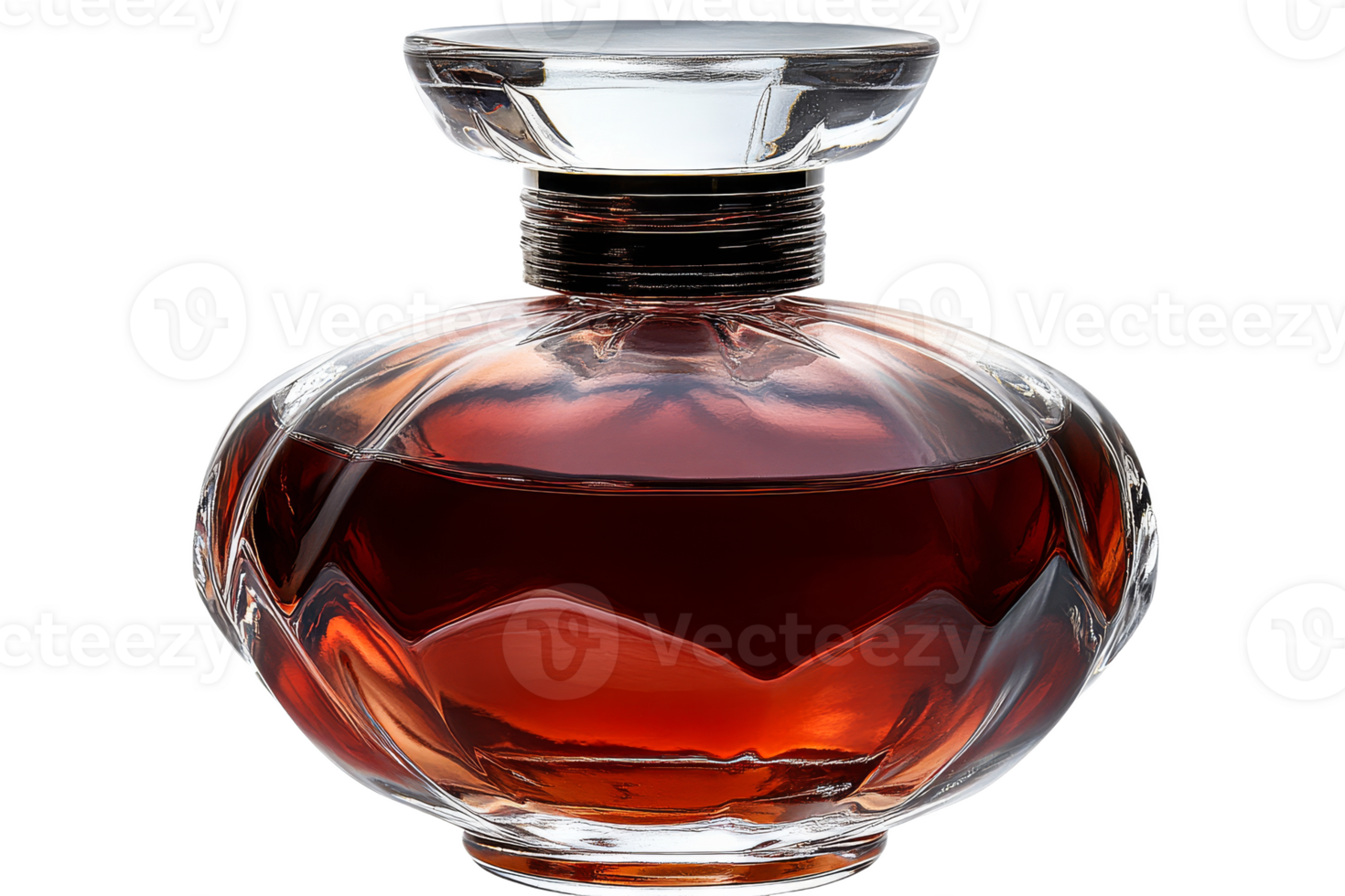 Decanter filled with amber liquid on black, cut out transparent png