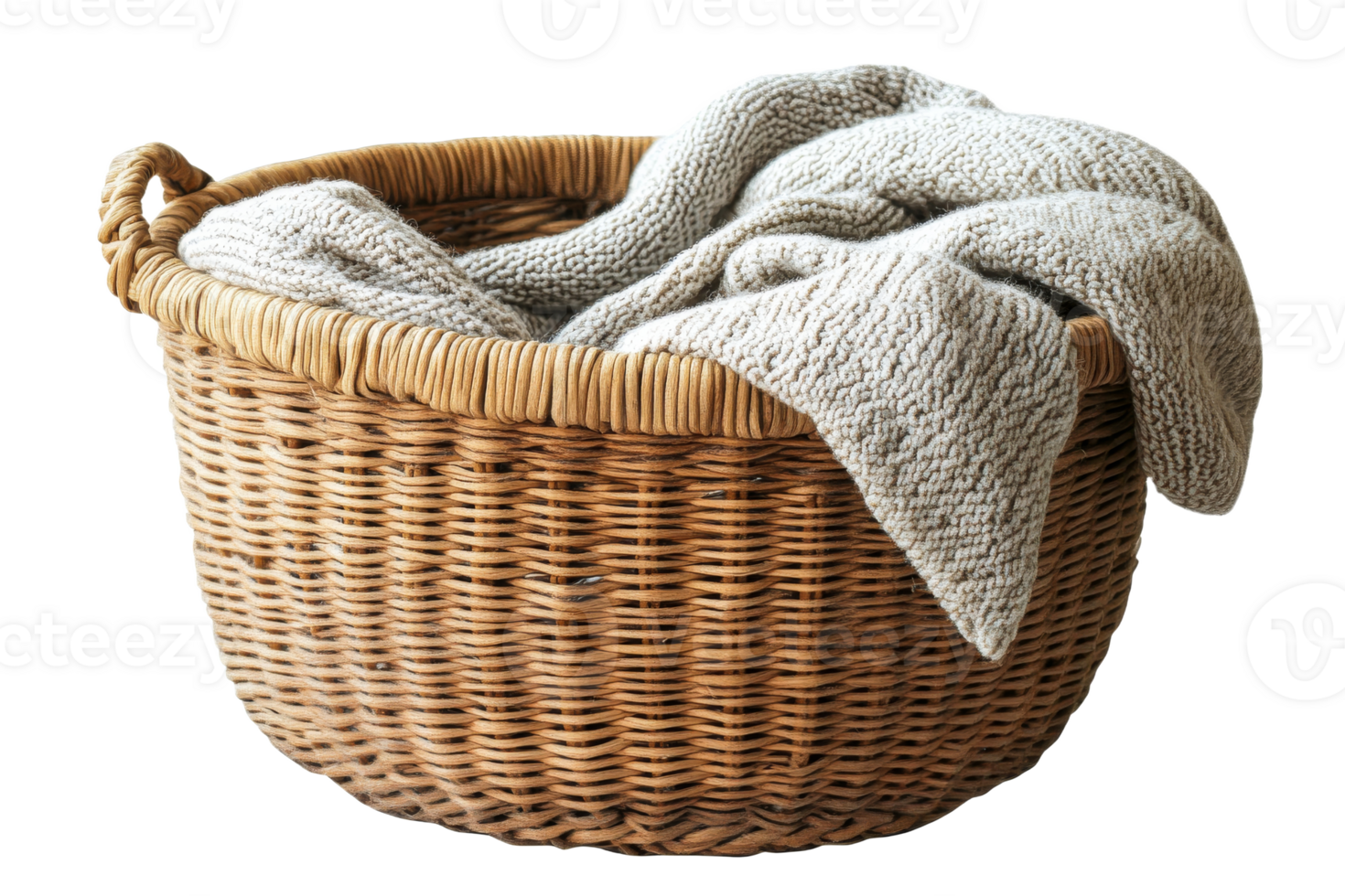 Wicker basket with knitted blanket, isolated, cutout transparent png