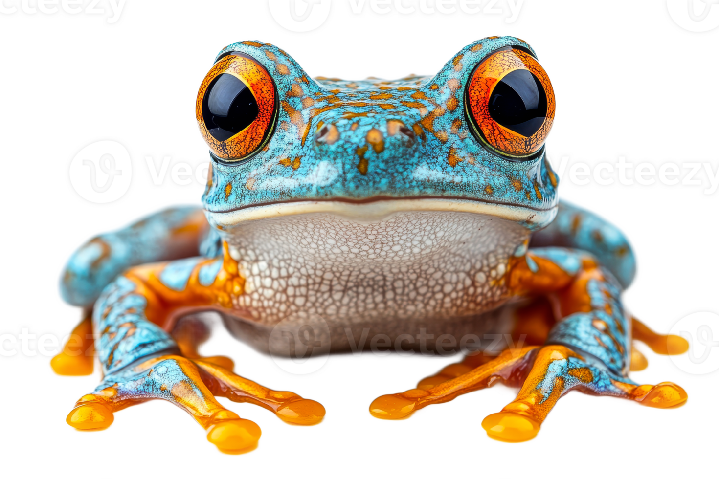 Colorful frog with orange eyes, closeup amphibian macro, cut out transparent png