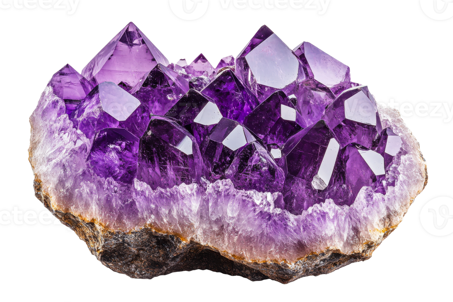 Purple amethyst crystal cluster formation, raw stone, cut out transparent png
