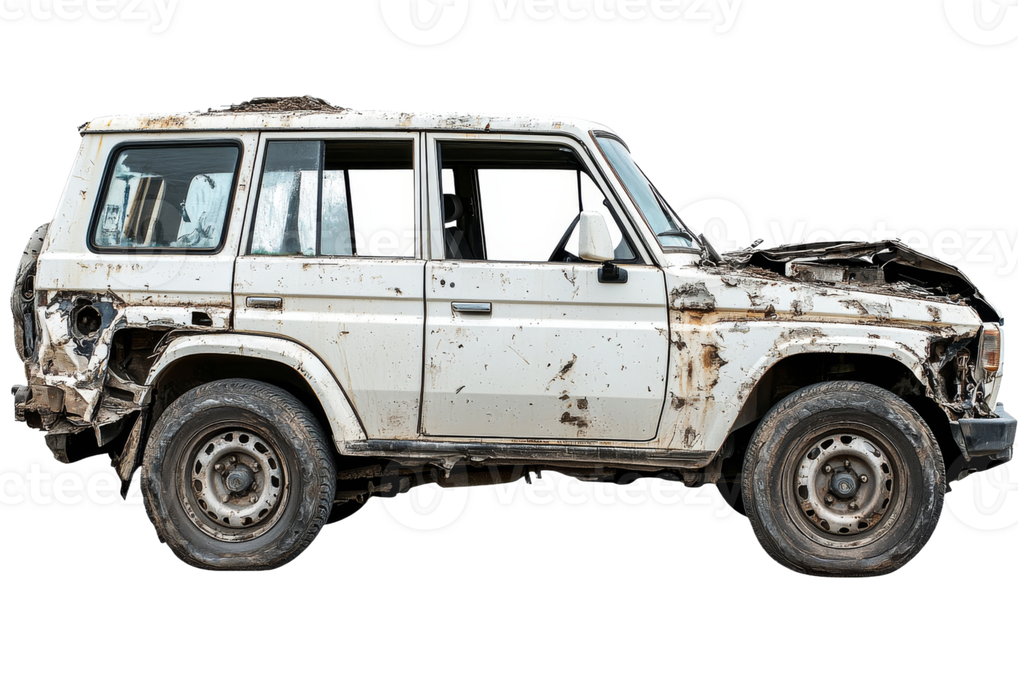 Wrecked White SUV With Rust and Damage, Side View, cut out transparent png