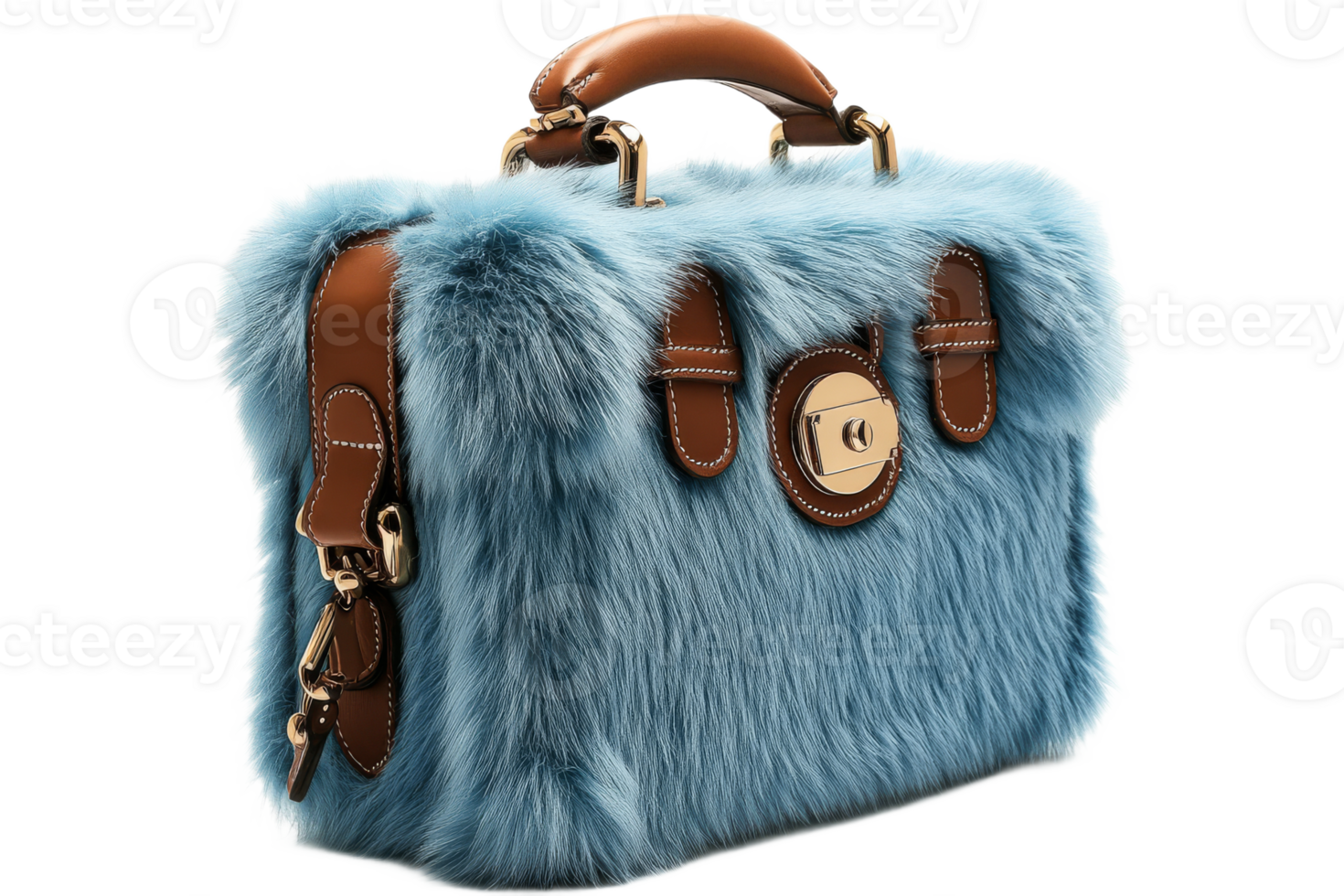 Furry handbag with brown leather accents, gold clasp, cut out transparent png