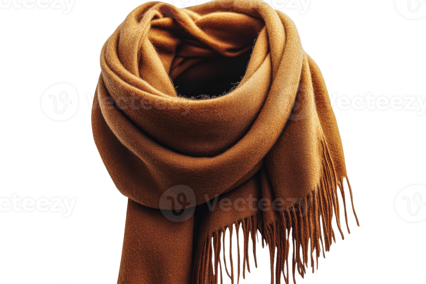 Brown soft scarf with fringe, warm clothing, fashionable, isolated, cut out transparent png