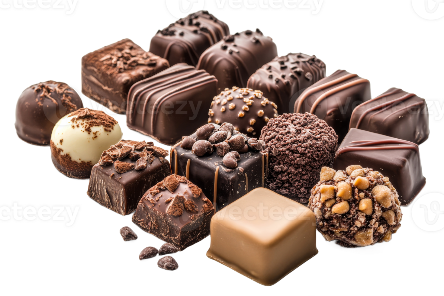 Luxurious assortment of exquisite chocolates on a black background, cut out transparent png