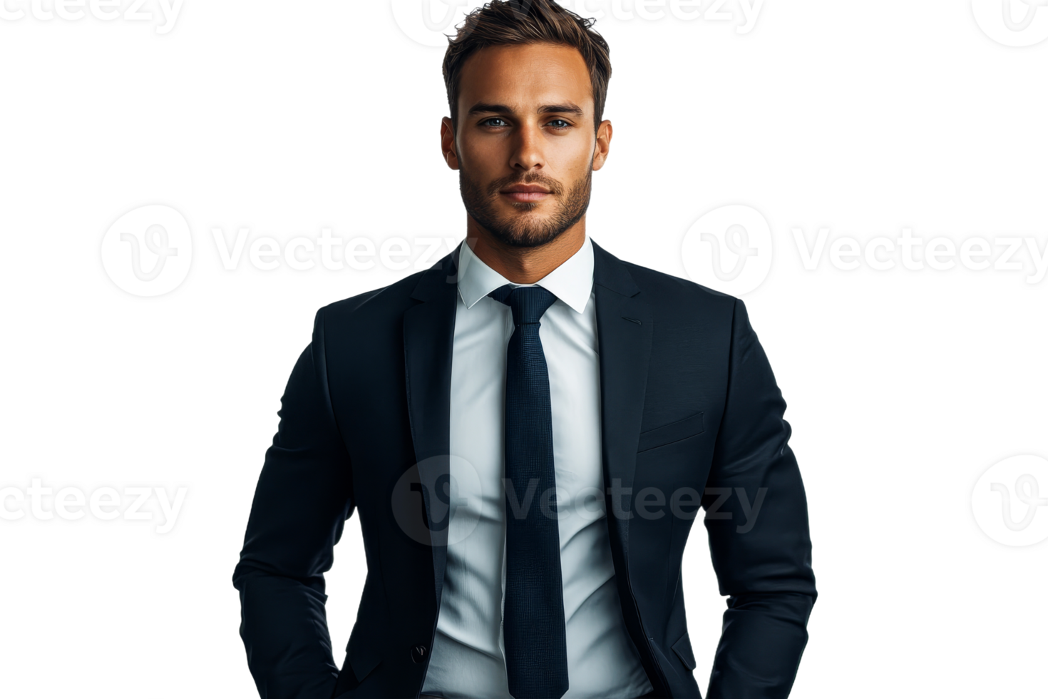 Handsome man in suit posing confidently for portrait, cut out transparent png