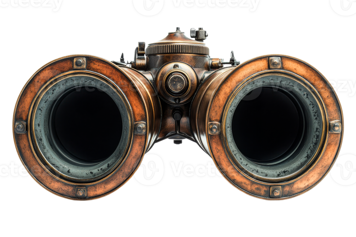 Vintage binoculars with brass and copper details on black background, cut out transparent png