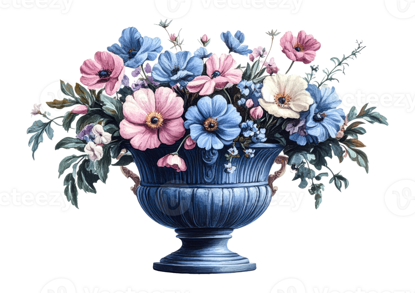 Blue vase with pink and blue flowers arrangement, cut out transparent png