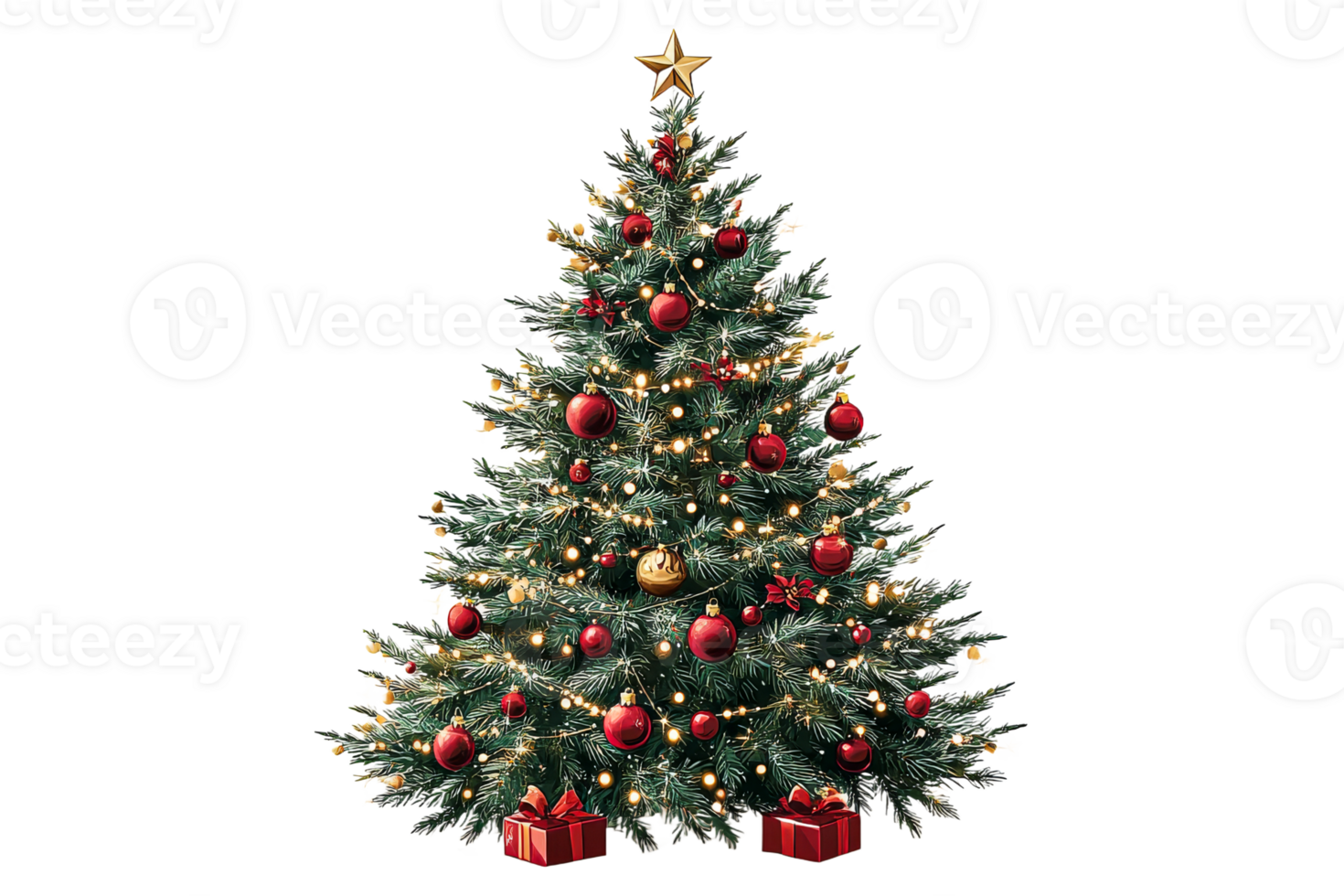 Decorated Christmas tree with gifts, red ornaments, star, cut out transparent png