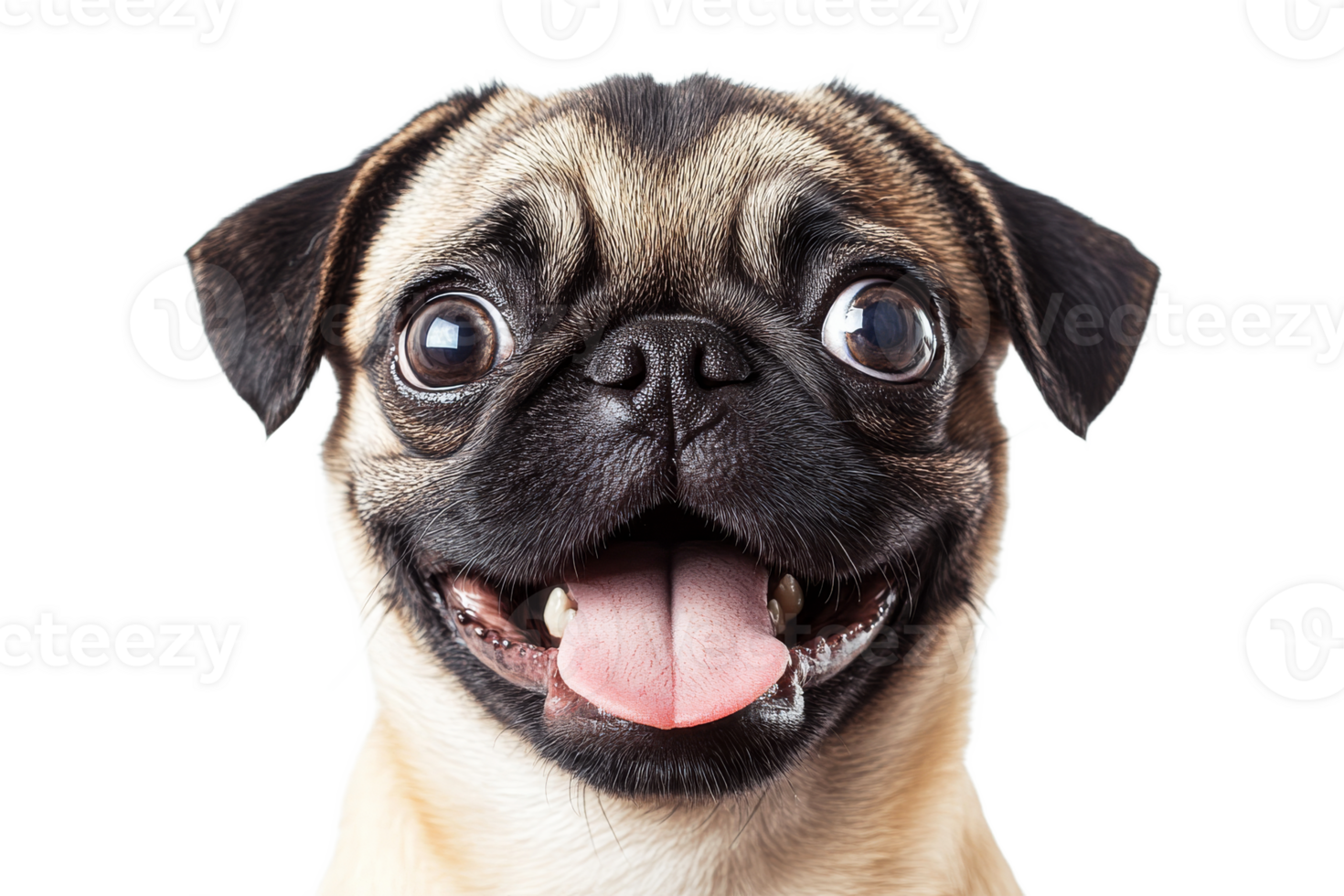 Happy playful Pug dog showing tongue, cut out transparent png