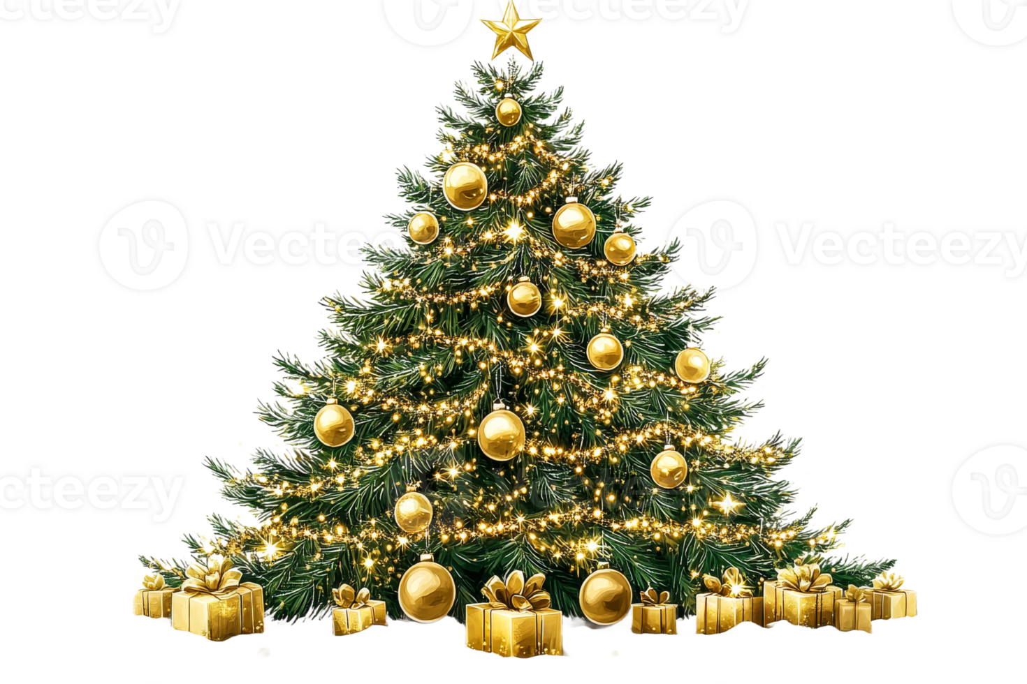 Christmas tree with ornaments, gifts, and lights, cut out transparent png