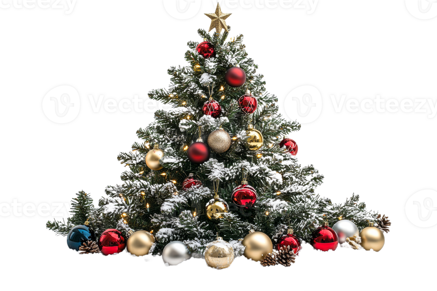 Decorated Christmas tree with ornaments and snow, cut out transparent png
