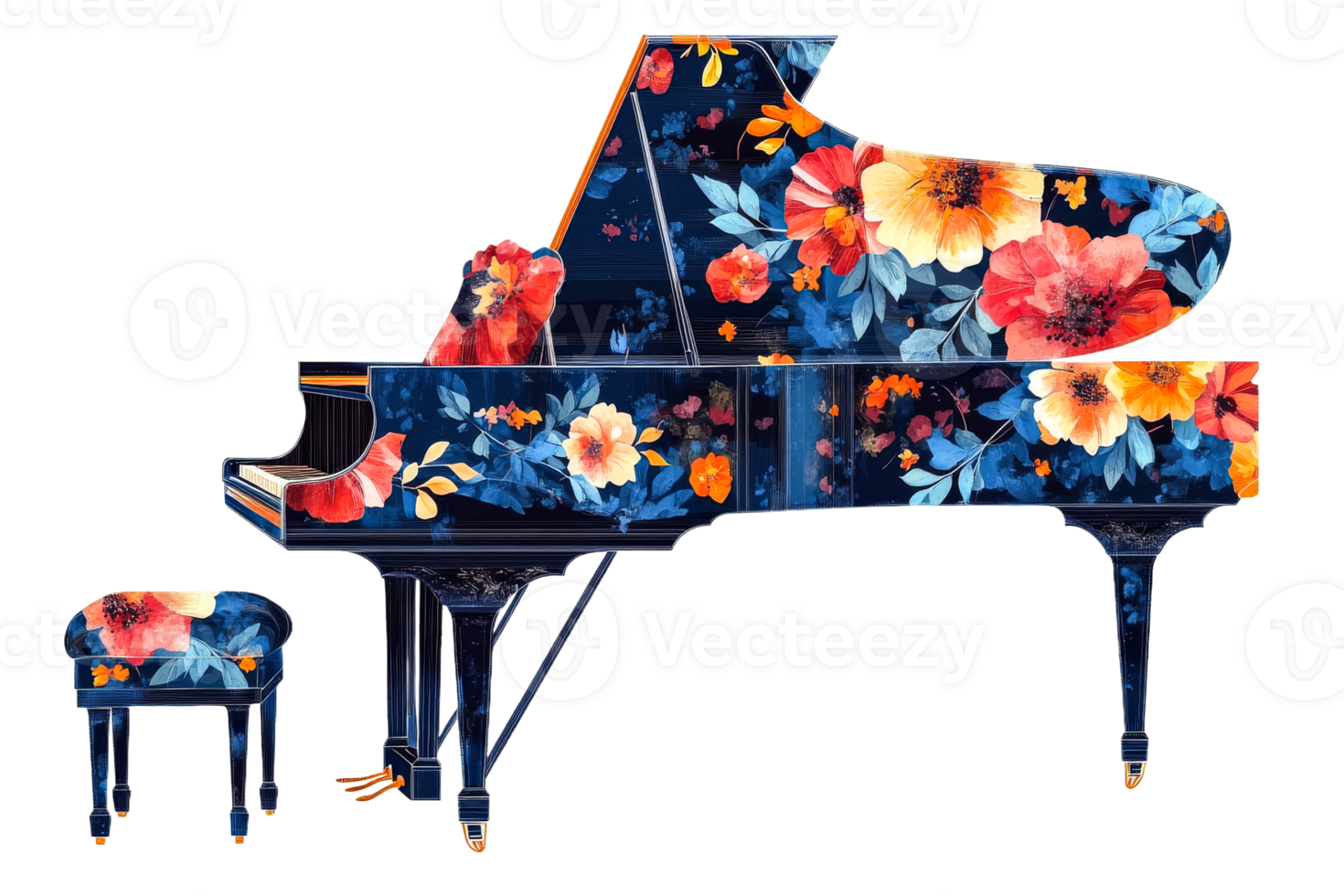 Grand piano with a flower pattern and a bench, cut out transparent png