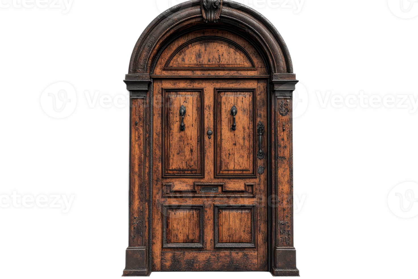 Antique ornate carved wooden door with arched frame, cut out transparent png