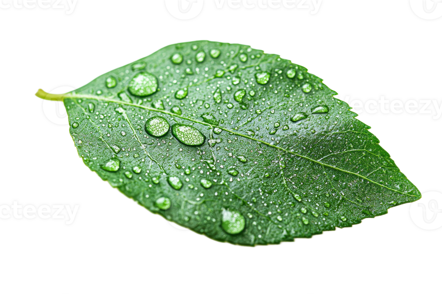 Green Leaf Covered in Dew Drops Isolated on Black Background, cut out transparent png