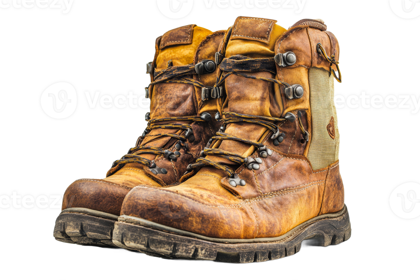 Rugged brown leather hiking boots with laces, footwear, cut out transparent png