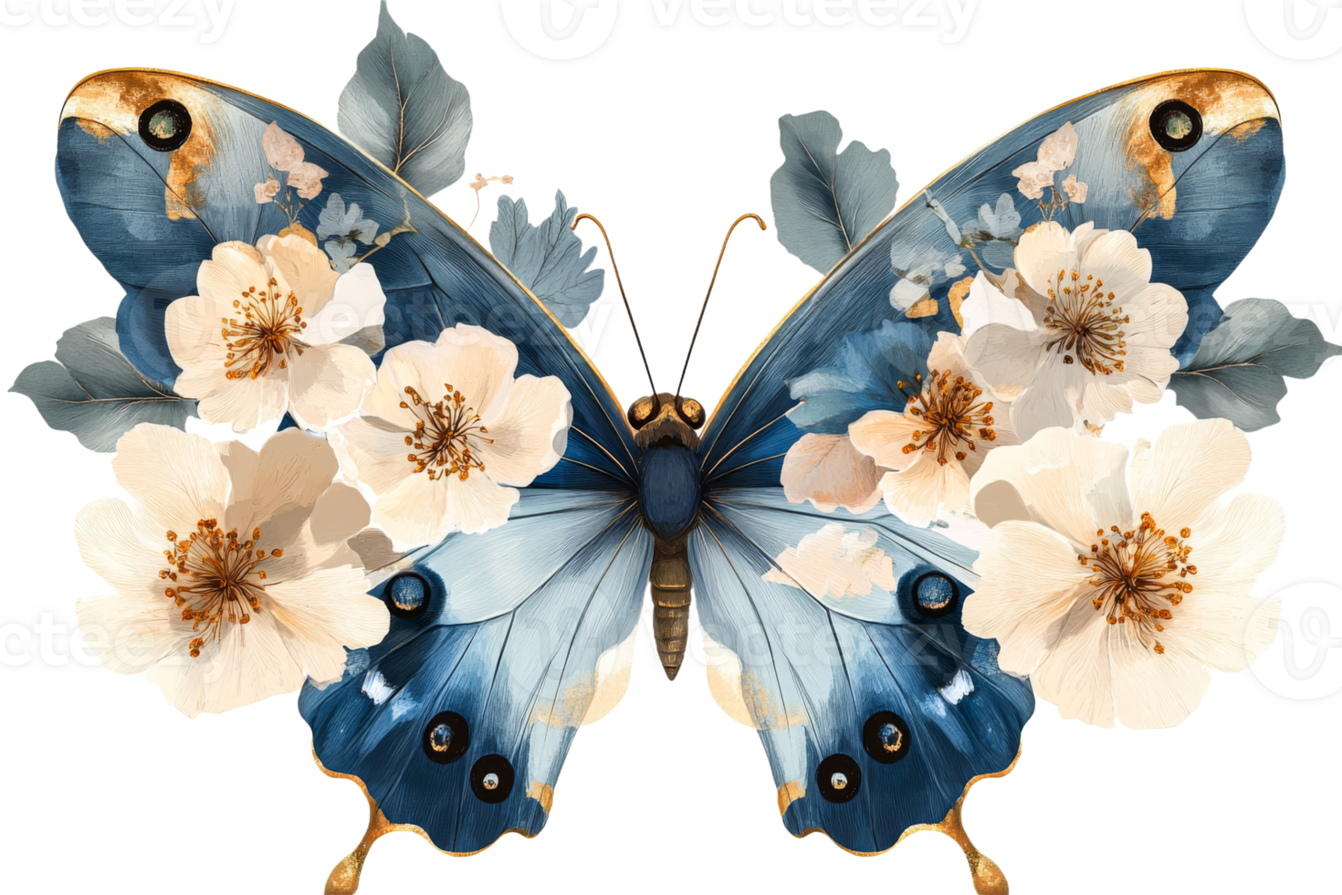 Blue butterfly with floral embellishments, delicate artwork, cut out transparent png