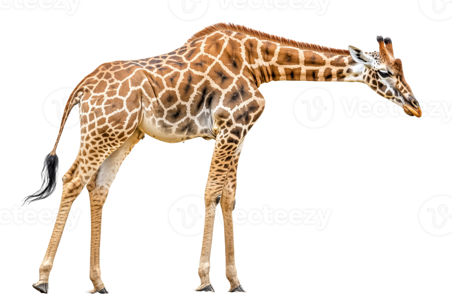 Graceful giraffe with patterned coat stretches neck down, cut out transparent png