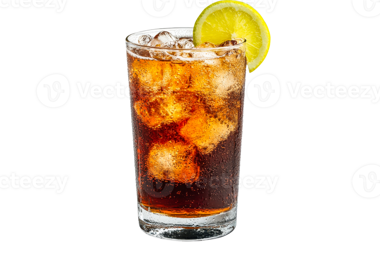Refreshing cola beverage with lemon slice, cut out transparent png