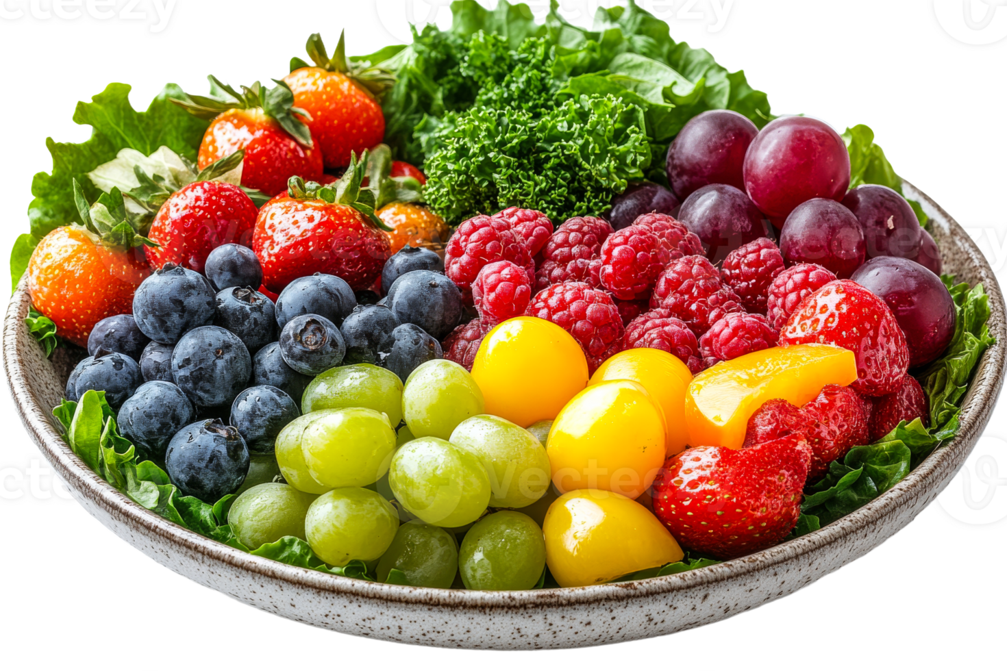 Bowl full of fresh assorted fruits and green leaves, cut out transparent png
