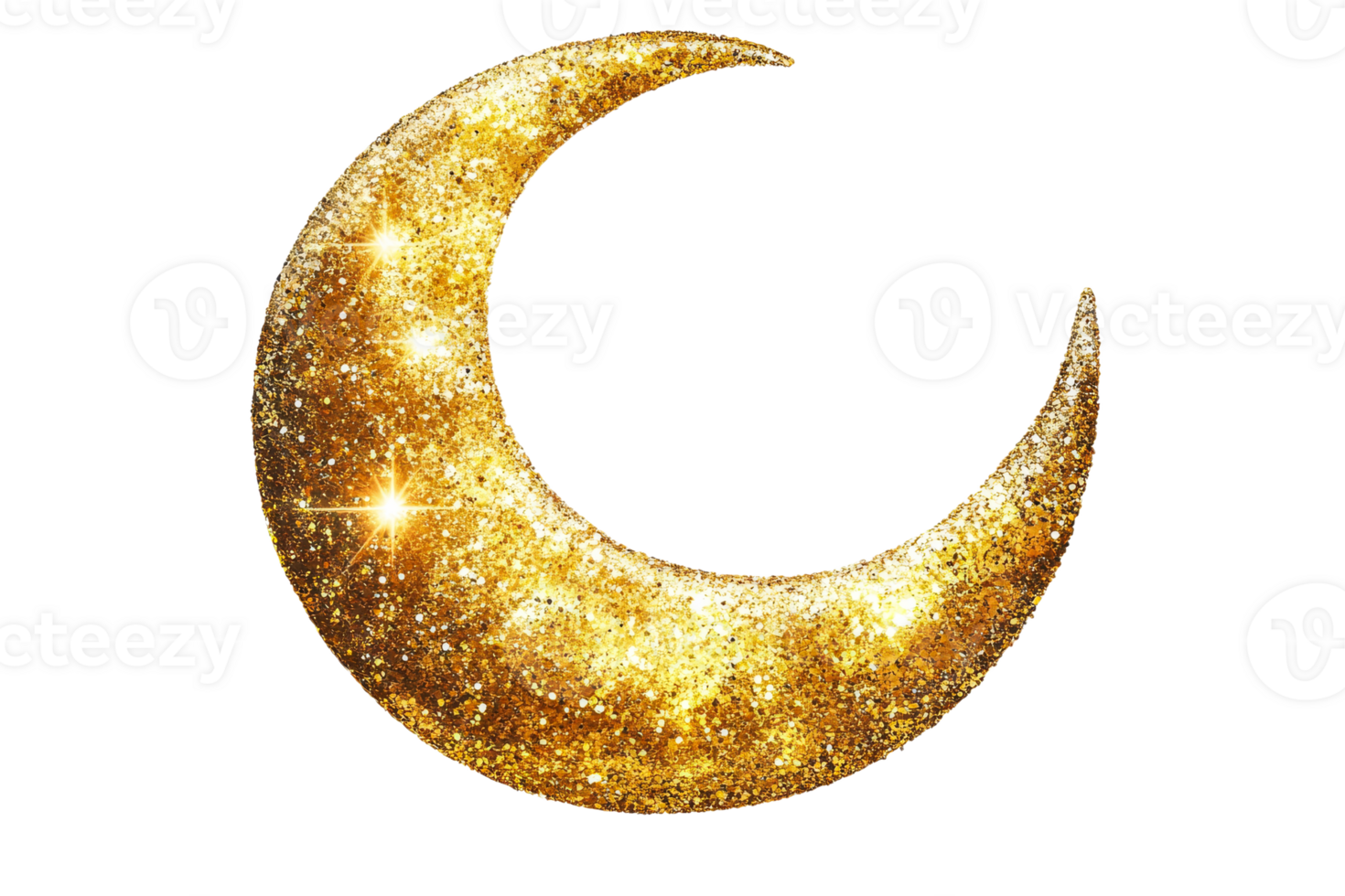 Golden Crescent moon, sparkle, shiny particles, isolated on black, cut out transparent png
