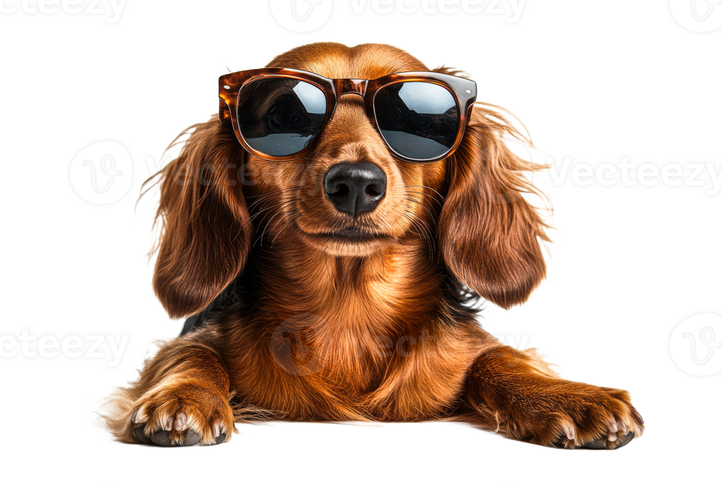 Cute Dachshund Wearing Sunglasses and Lying Down, cut out transparent png