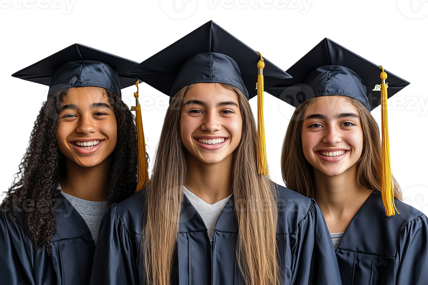Three young graduate girls in graduation gowns and hats, cut out transparent png