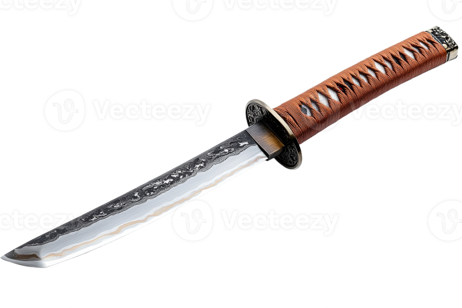 Japanese samurai sword with decorated blade, cut out transparent png