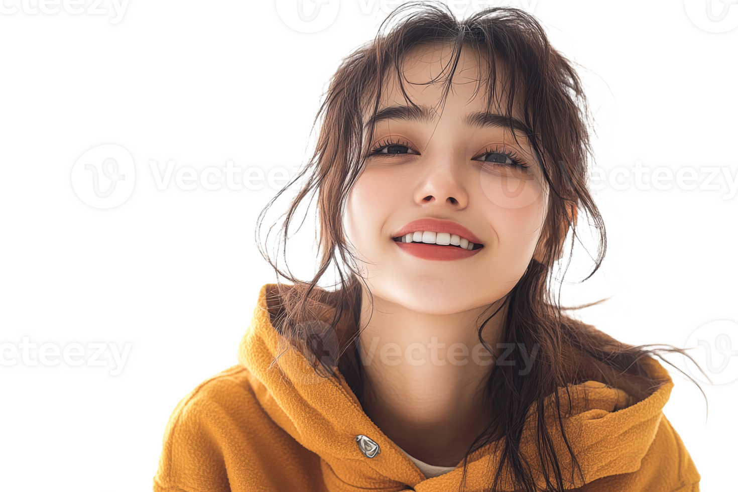 Cheerful girl in yellow hoodie, smiling sweetly, portrait, cut out transparent png