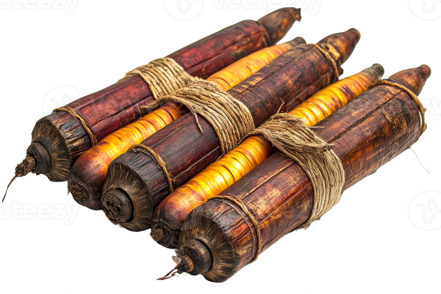 Bundled smoked catfish with rope, rustic food texture, cut out transparent png