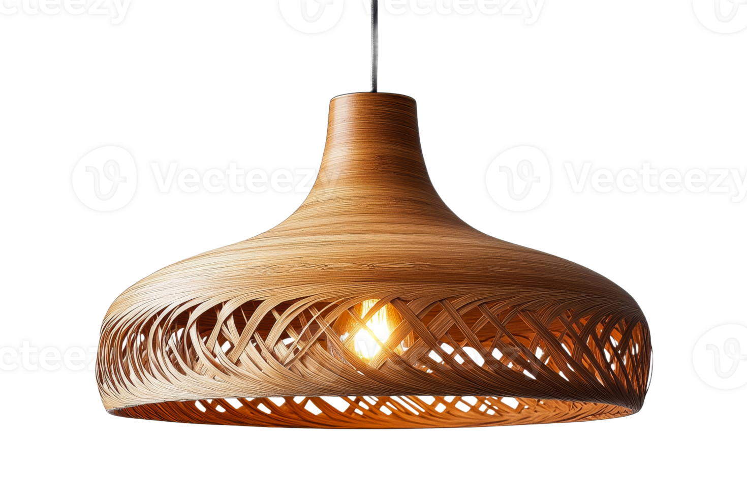 Stylish wooden pendant lamp with warm light, cut out transparent png