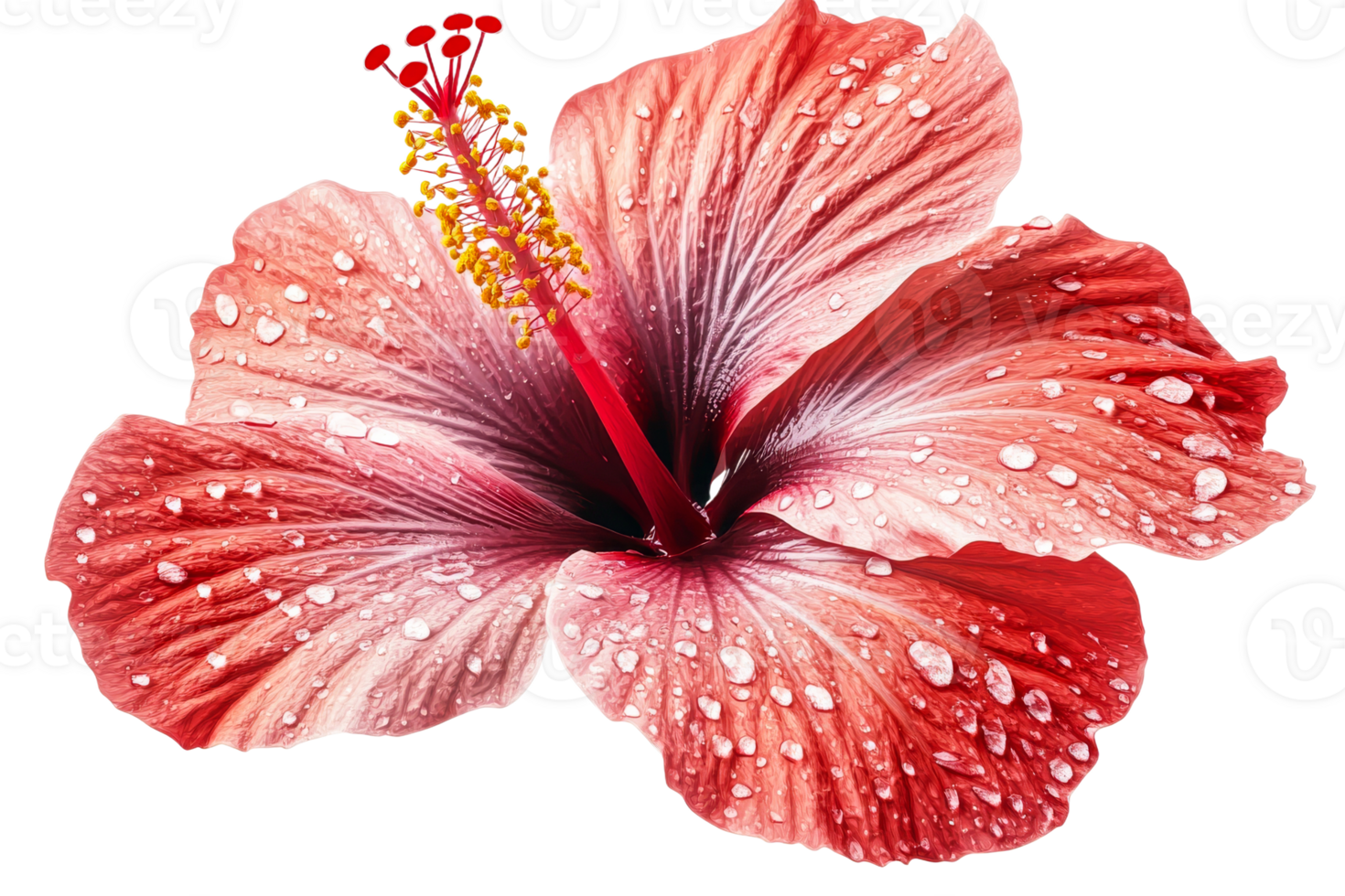 Red hibiscus flower with water droplets on petals, cut out transparent png