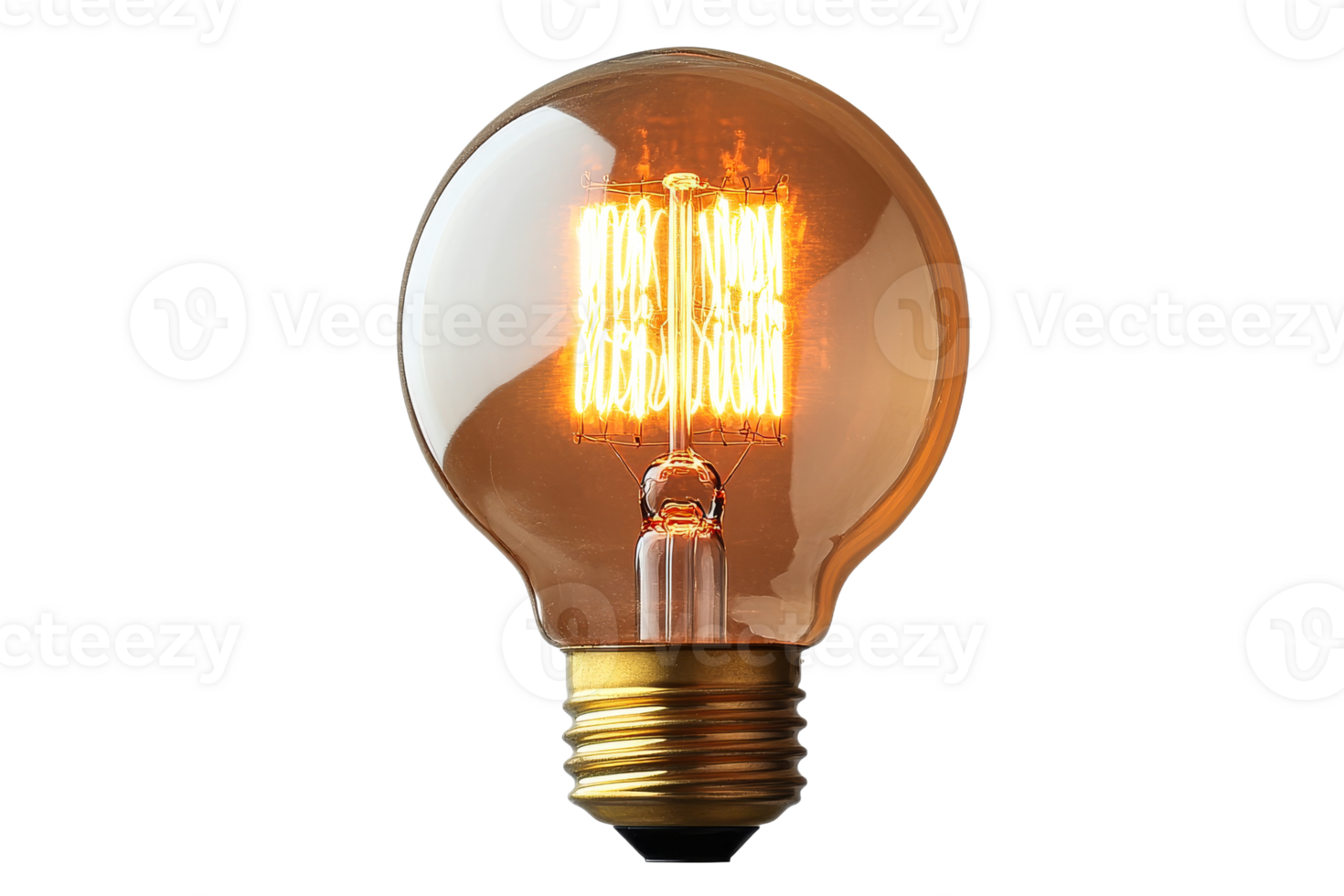 Glowing incandescent lightbulb with spiral filament on black, cut out transparent png