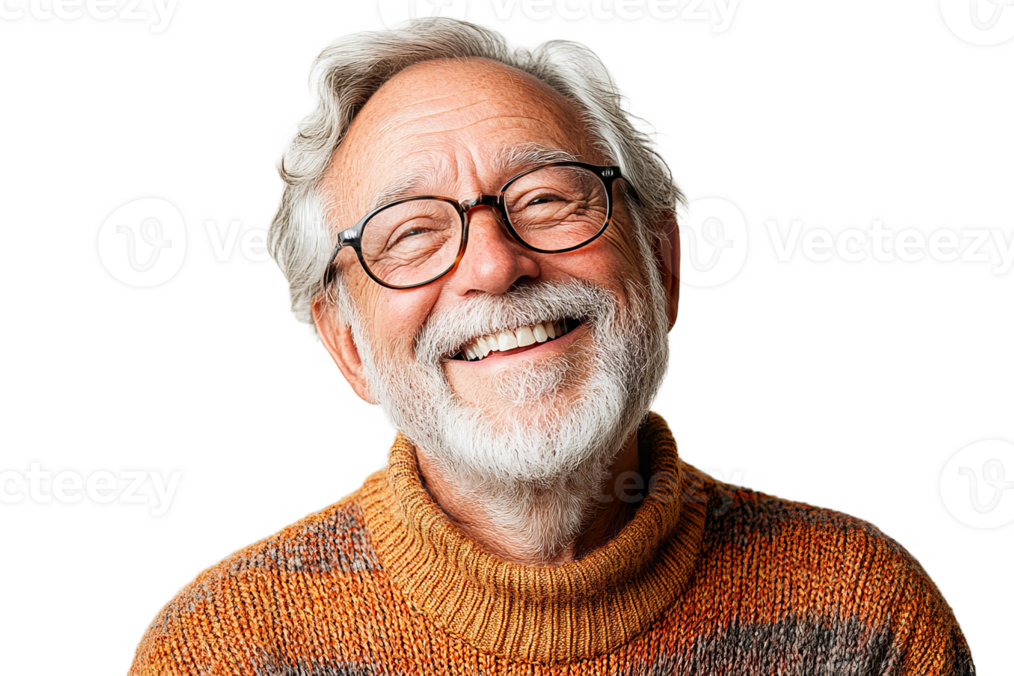 Smiling senior man portrait with beard and glasses, cut out transparent png