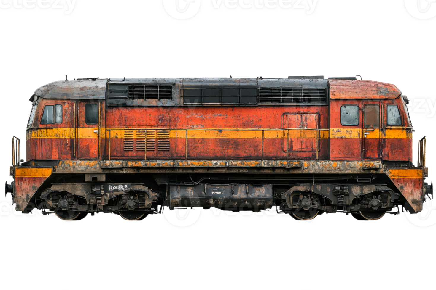 Old diesel locomotive with rust and weathered, cut out transparent png
